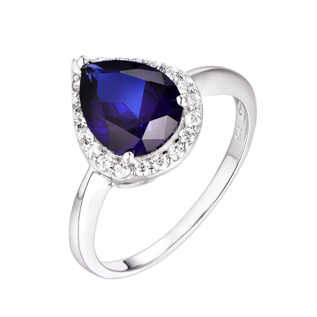 Blue Sapphire Pear Halo Ring in White Gold