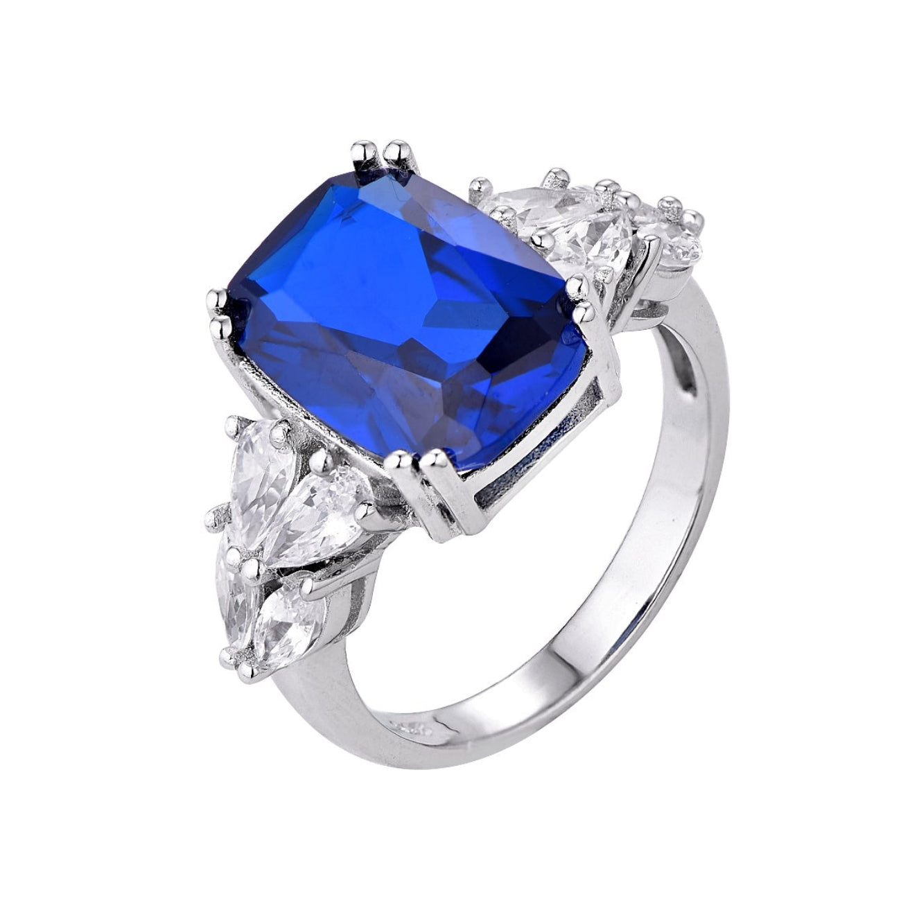 Radiant Blue Sapphire Three-Stone Ring in White Gold