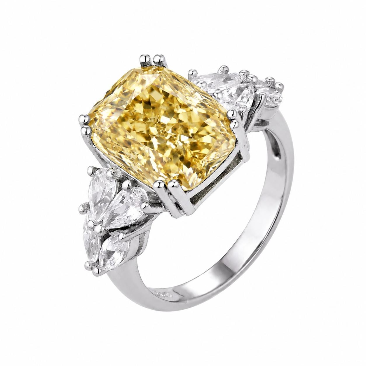 Radiant Cut Fancy Yellow Diamond Three-Stone Ring in White Gold