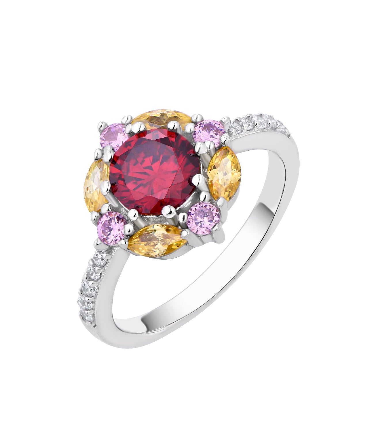 Round Fancy Pink Diamond Floral Cluster Ring in White Gold