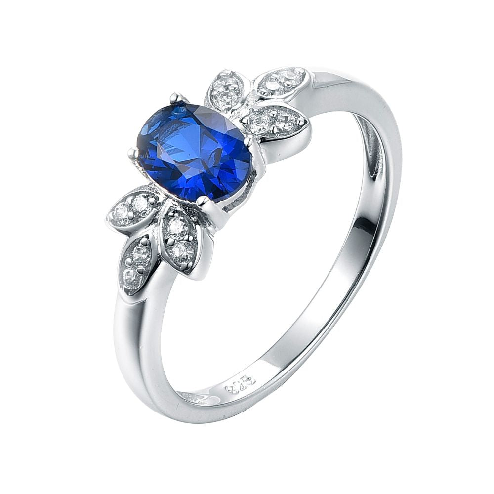 Oval Blue Sapphire & Diamond Leaf Ring in White Gold