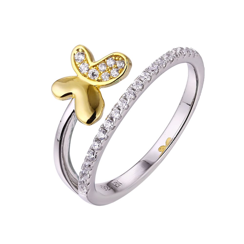 Two-Tone Butterfly Diamond Open Ring with Pavé Accent Band