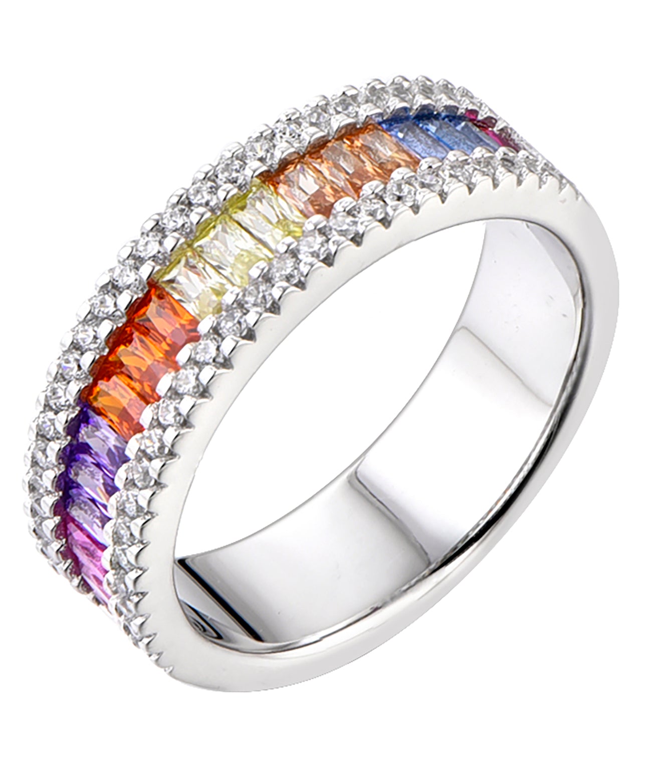Rainbow Sapphire and Diamond Eternity Band Ring with Baguette Cut Gemstones