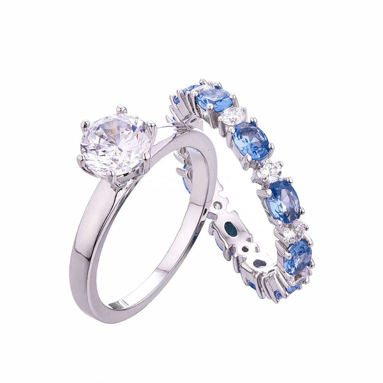 Round Diamond Solitaire Ring with Blue Sapphire Eternity Band Bridal Set