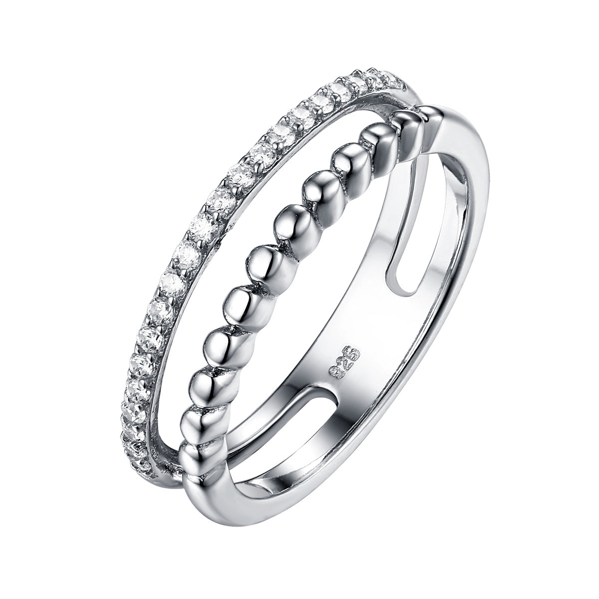 Silver ring with bead design and diamond accents on a white background