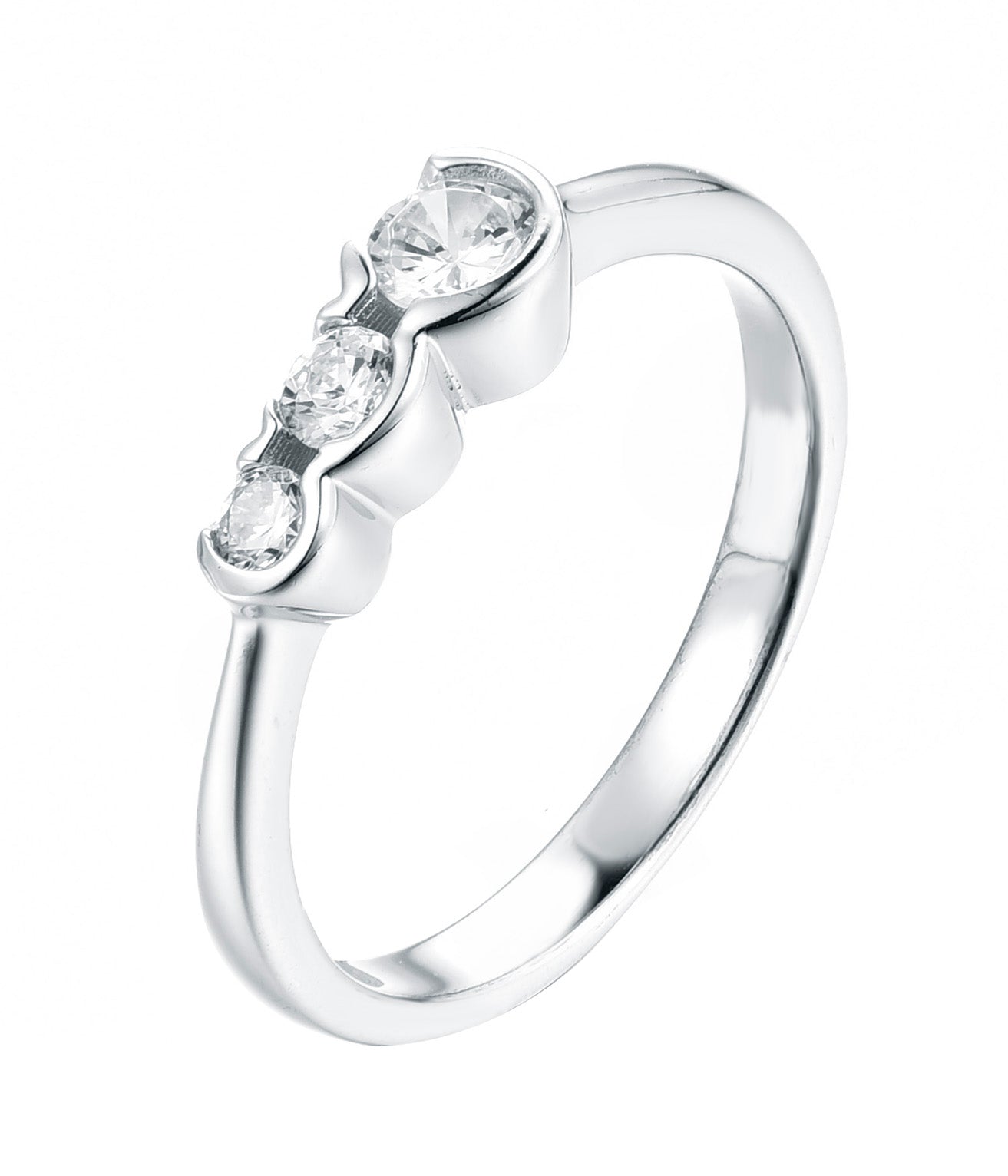 Three Stone Round Diamond Bezel Set Engagement Ring with Modern Graduated Design