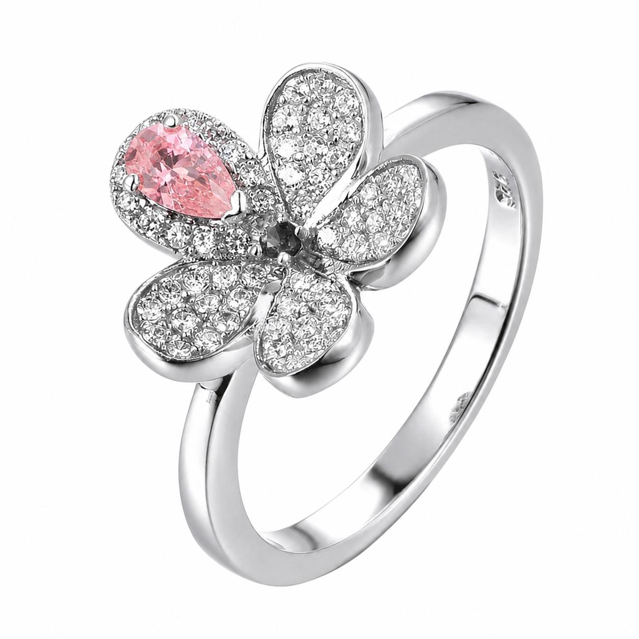 Pink Diamond & White Diamond Flower Ring in White Gold