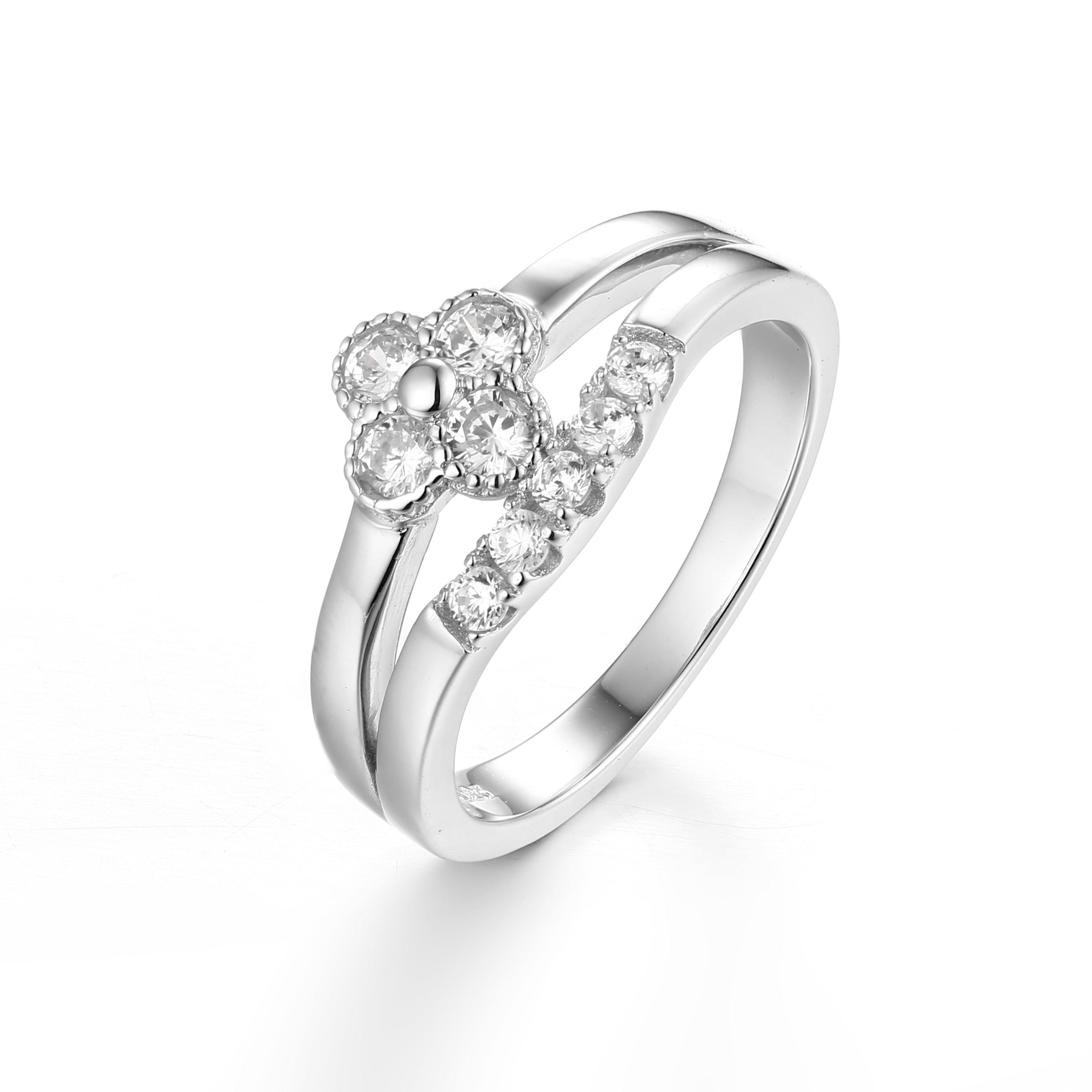 Floral Diamond Cluster Ring with Split Shank and Graduated Diamond Accent Band