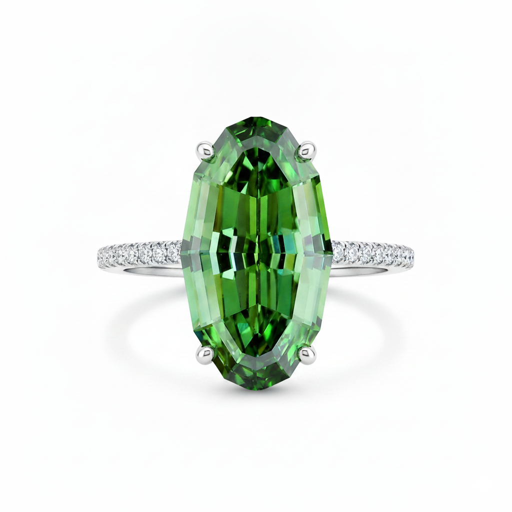 Emerald Green Elongated Hexagon Cut Statement Ring with Pavé Accent Band