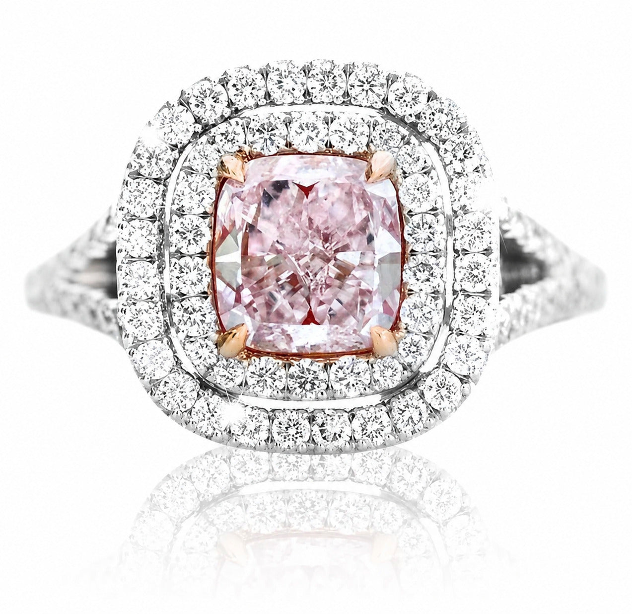 Cushion Cut Fancy Color Pink Diamond Double Halo Ring