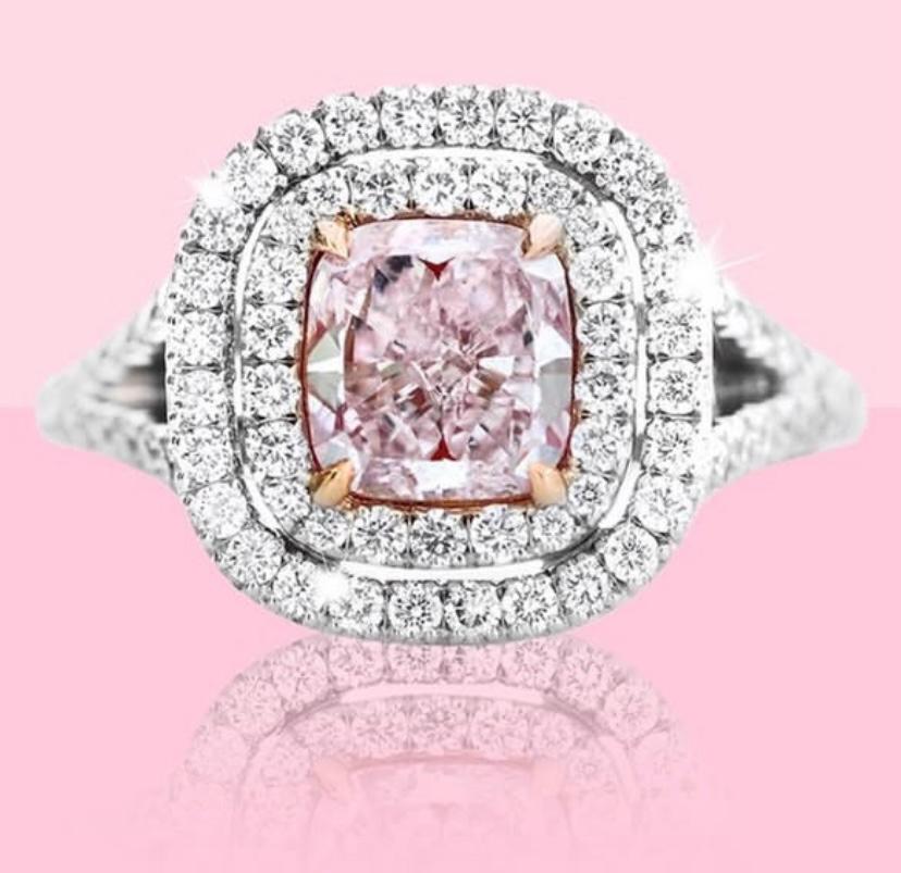 Cushion Cut Fancy Color Diamond Double Halo Ring