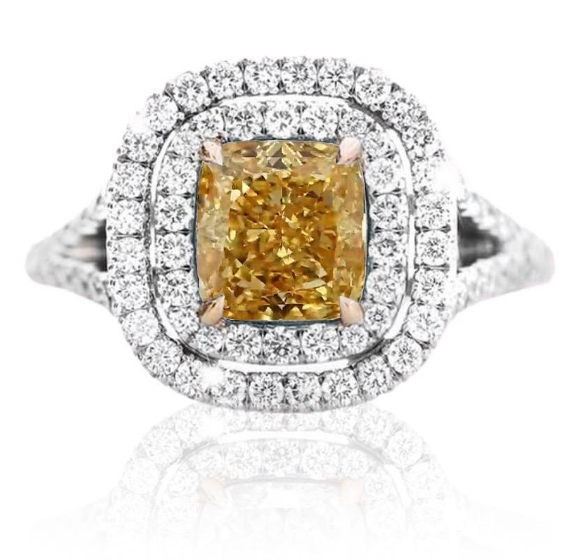Cushion Cut Fancy Color Diamond Double Halo Ring