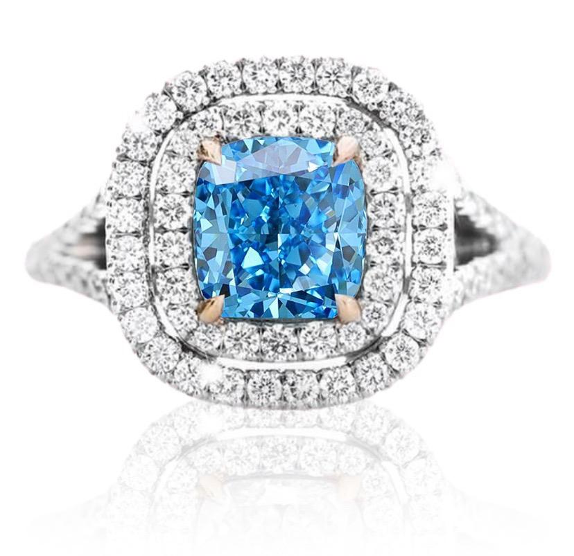 Cushion Cut Fancy Color Diamond Double Halo Ring