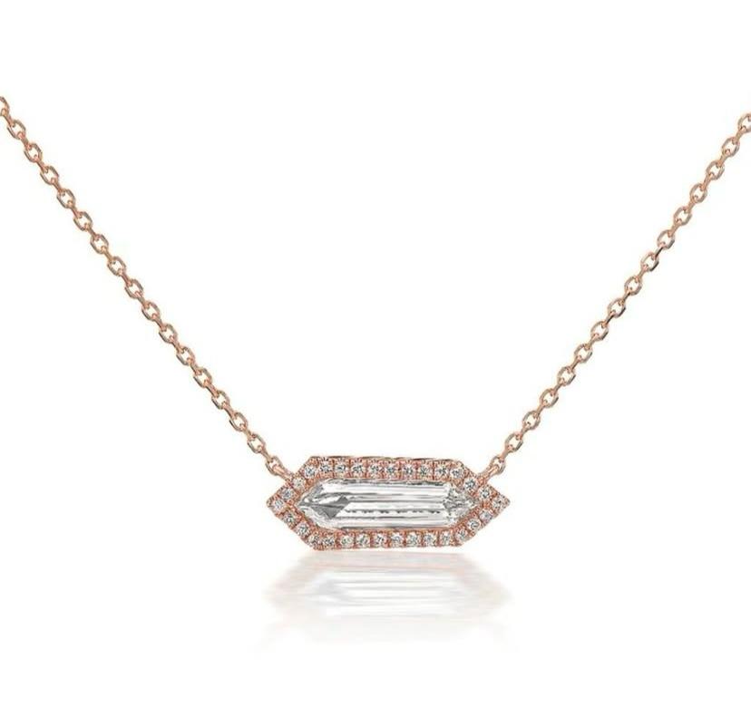 East-West Emerald Cut Diamond Halo Pendant Necklace