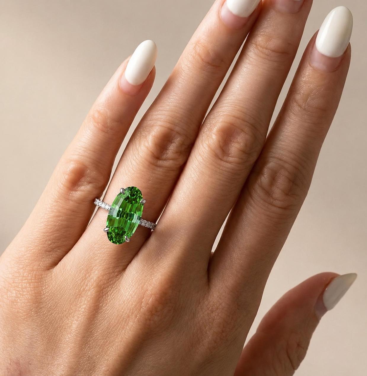 Emerald Green Elongated Hexagon Cut Statement Ring with Pavé Accent Band