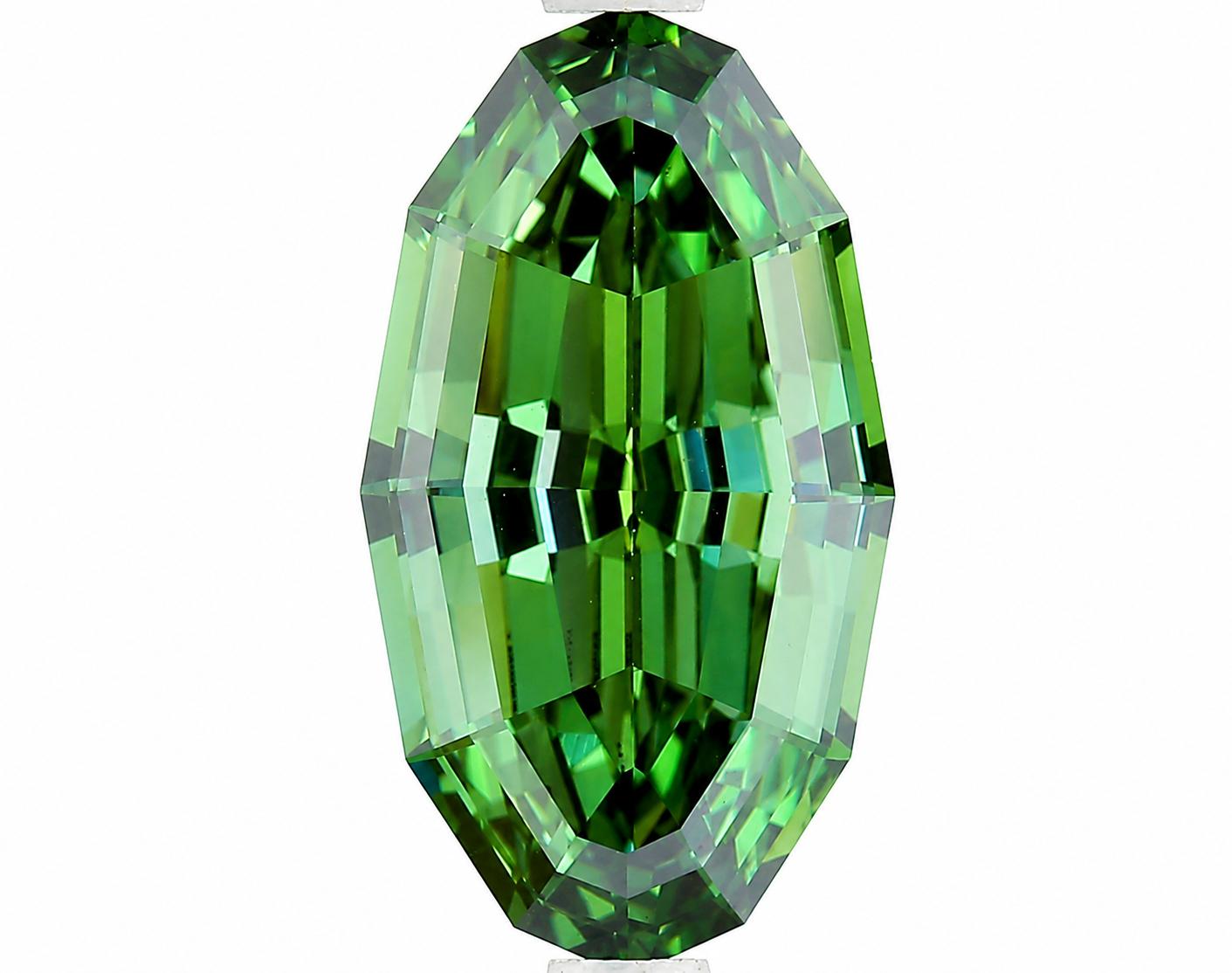 Emerald Green Elongated Hexagon Cut Statement Ring with Pavé Accent Band
