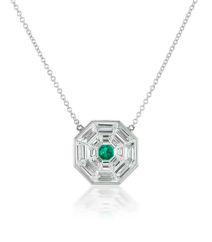 Art Deco Emerald & Baguette Diamond Mosaic Pendant Necklace