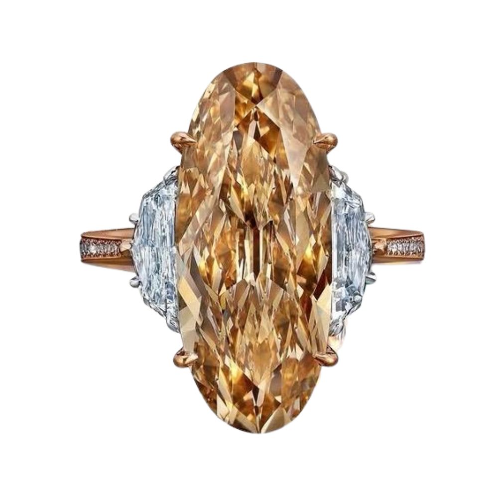 Elongated Marquise Fancy Yellow Diamond Ring with Half-Moon Side Stones