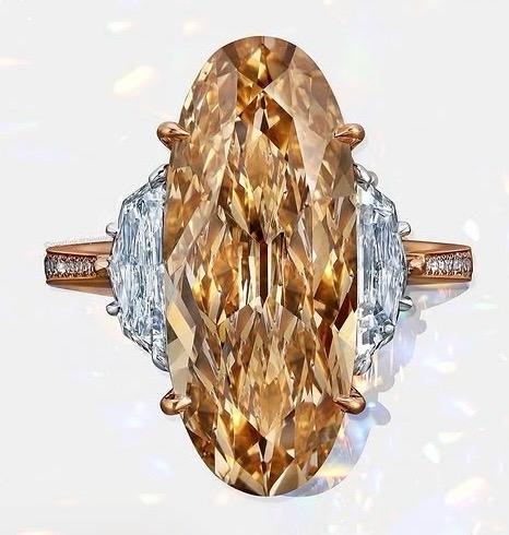 Elongated Marquise Fancy Yellow Diamond Ring with Half-Moon Side Stones
