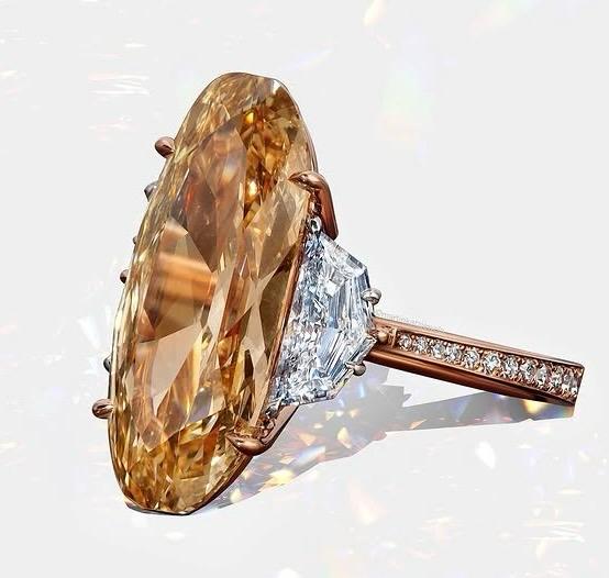 Elongated Marquise Fancy Yellow Diamond Ring with Half-Moon Side Stones
