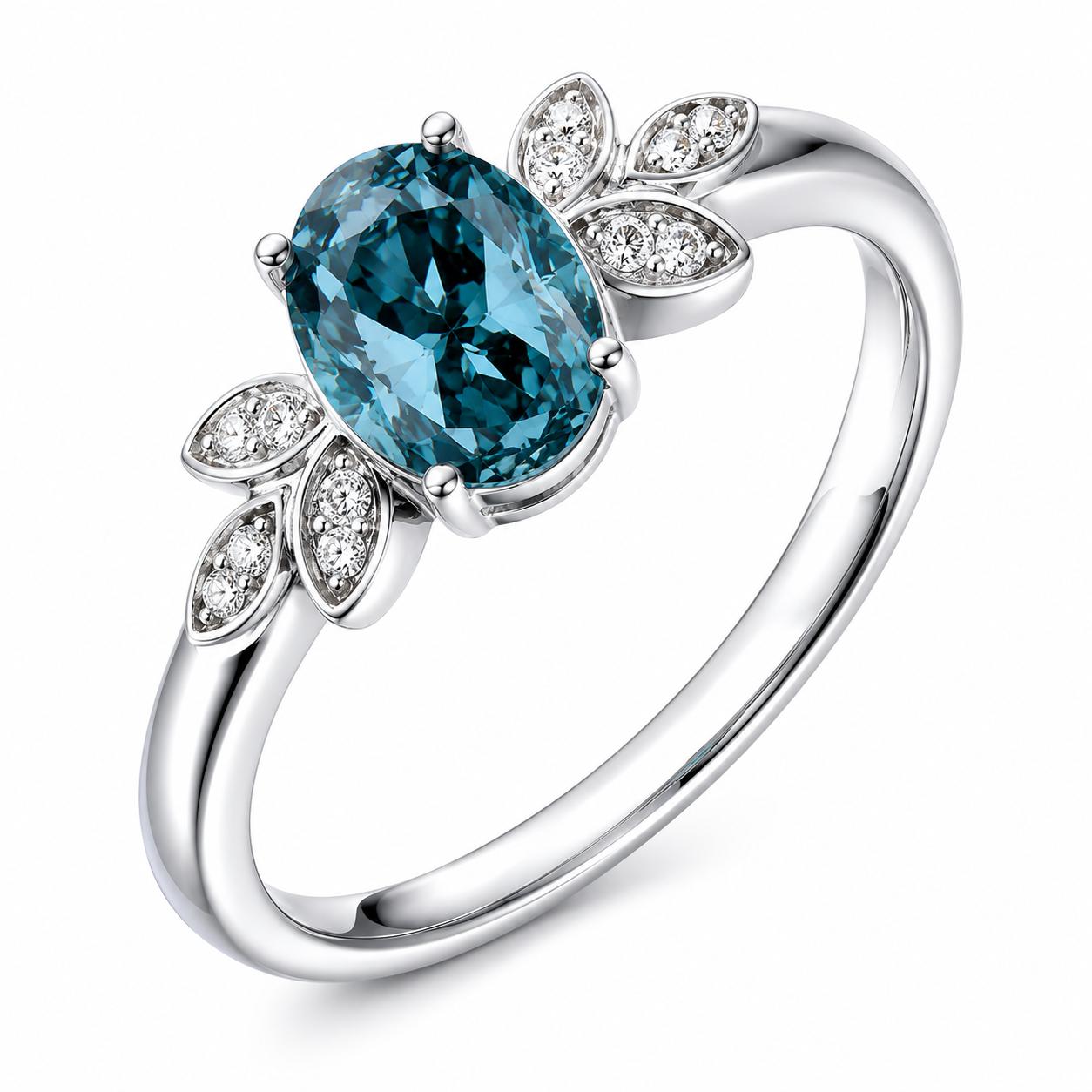 Oval Blue Diamond & Diamond Leaf Ring in White Gold