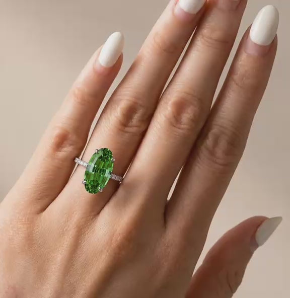 Emerald Green Elongated Hexagon Cut Statement Ring with Pavé Accent Band